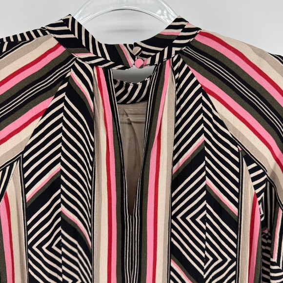 Anthropologie Geometric Stripe Mock Neck Midi Dress Black Pink Tan Short Sleeve - Picture 6 of 7